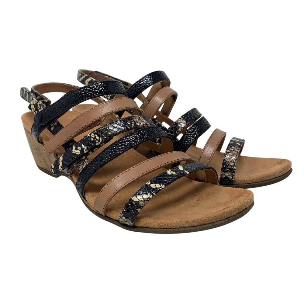 Vionic Tess Sandals Womens 9 Black Brown Reptile Print Strappy Wedge Slingback